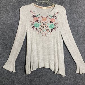 Altar’d State Knit Top Women S Floral Embroidery Gray Ruffle Cuffs And Hem Soft